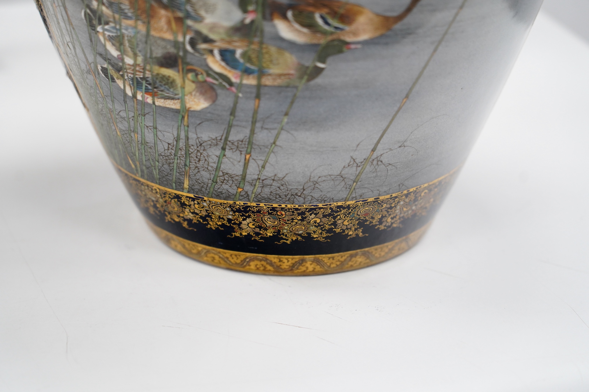 An exhibition size Japanese Satsuma pottery vase, by Kinkozan, Meiji period, star crack to one side